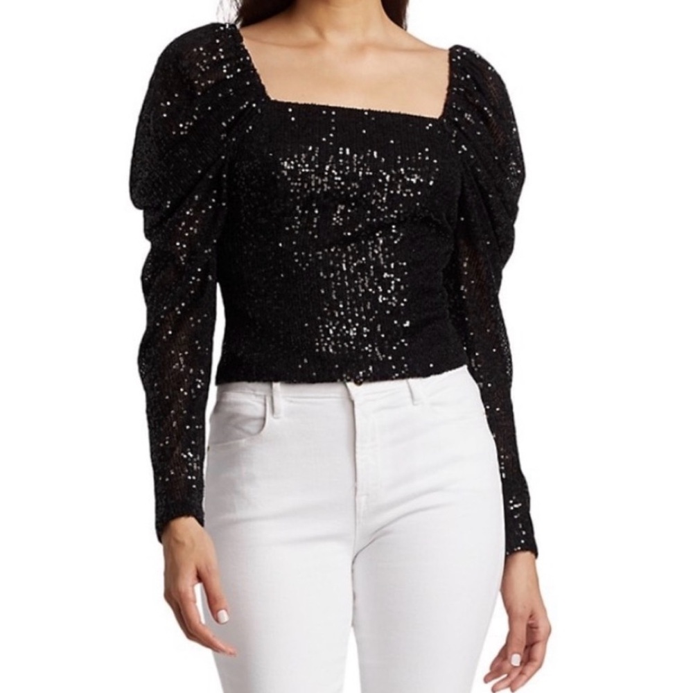 Ramy Brook Sky Top Black Sequin Puff-Sleeve Square-Neck blouse Size 6 - Picture 2 of 9